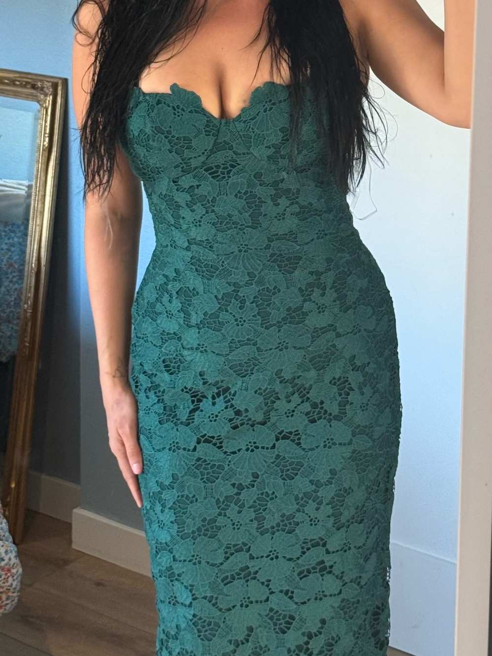 Fashion Nova Strapless Emerald Lace Maxi Dress